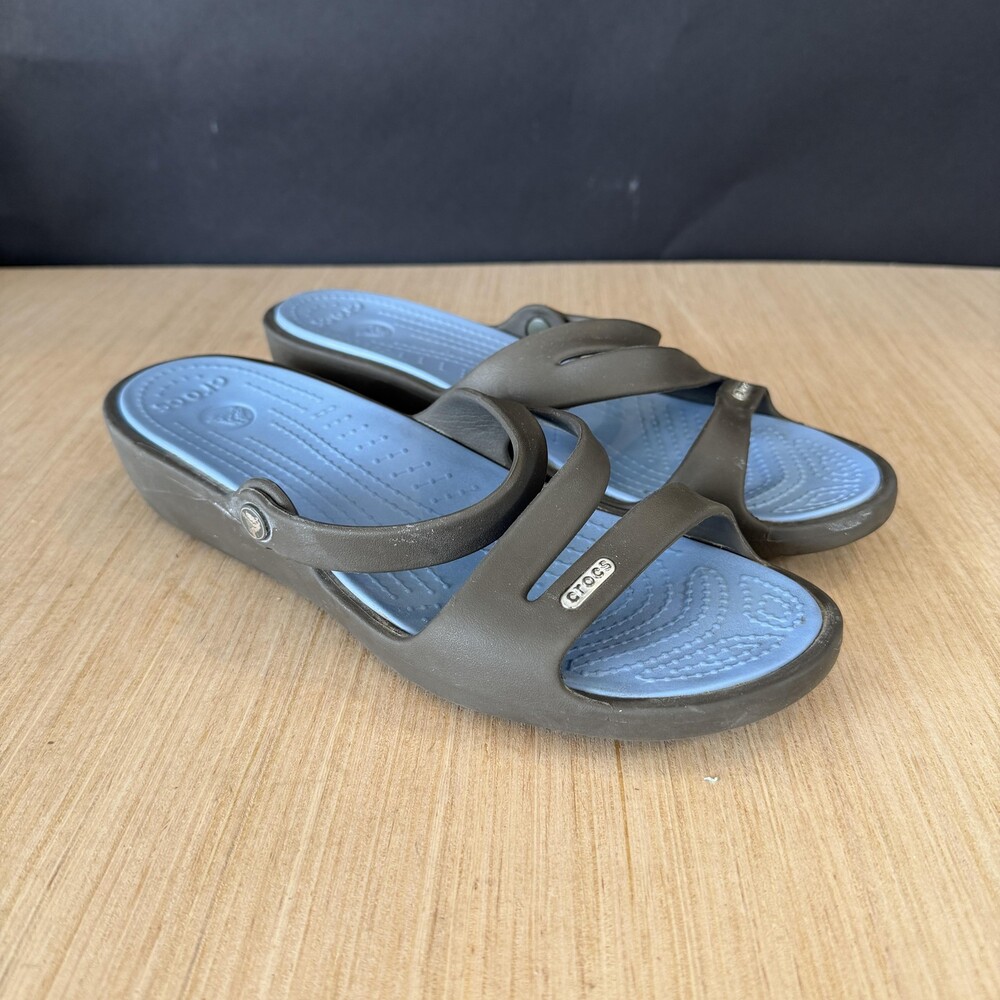 Crocs Shoes Womens Size 9 Brown Blue Strappy Slide Wedge Sandals Comfort Casual